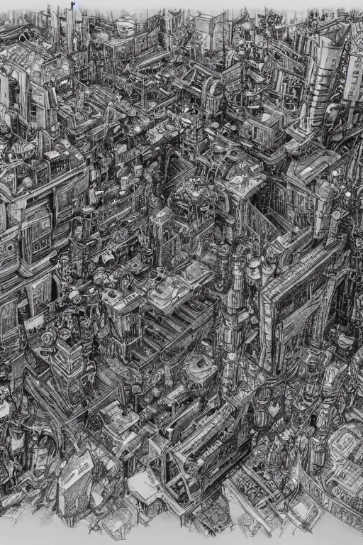 Prompt: The world's most intricate and detailed drawing of a futuristic city with mechas fighting aliens, by Kim Jung GI. HD.