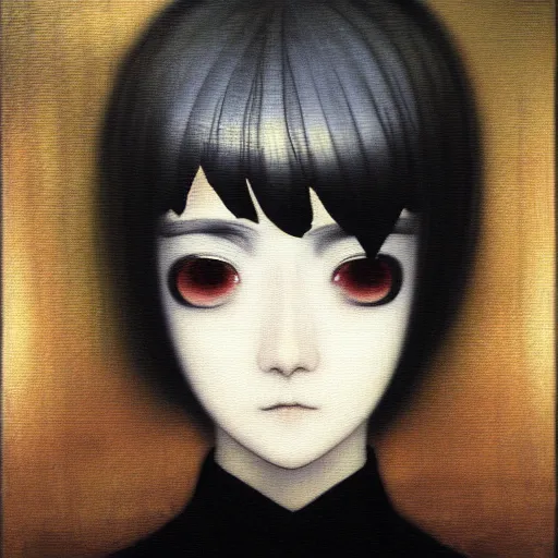 Image similar to yoshitaka amano blurred and dreamy realistic three quarter angle portrait of a young woman with short hair and black eyes wearing office suit with tie, junji ito abstract patterns in the background, satoshi kon anime, noisy film grain effect, highly detailed, renaissance oil painting, weird portrait angle, blurred lost edges