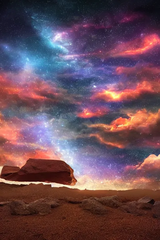 Prompt: futuristic rocky desert landscape cosmic sky