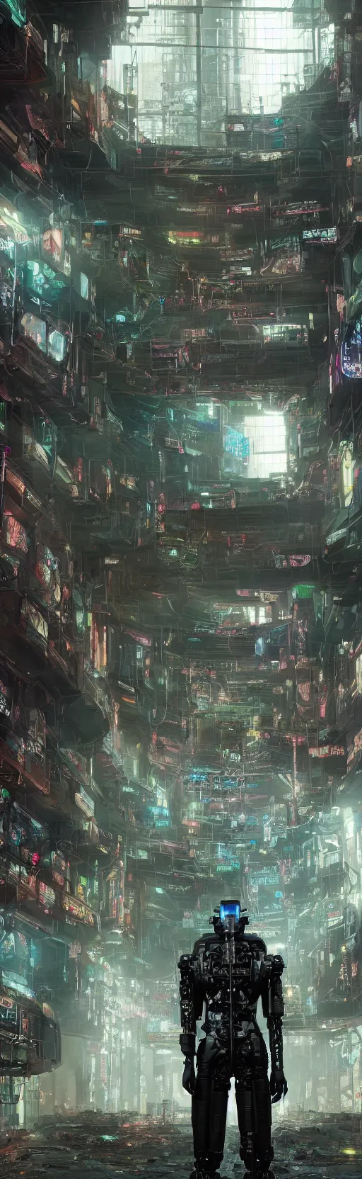 Image similar to portrait of a cyborg, standing in a hall of abandoned cyberpunk megacomplex; hyperrealistic, 4K wallpaper, cinematic lighting, highly detailed and beautiful