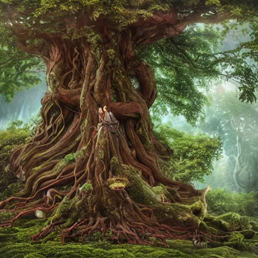Prompt: yggdrasil the biggest tree in the world with long roots and branches, on the side of a magnificient lush forest on a hill, epic, beautiful light, highly detailed by brian froud