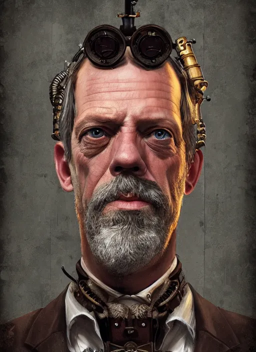 Image similar to steampunk portrait of hugh laurie, au naturel, hyper detailed, digital art, trending in artstation, cinematic lighting, studio quality, smooth render, unreal engine 5 rendered, octane rendered, art style by klimt and nixeu and ian sprigger and wlop and krenz cushart.