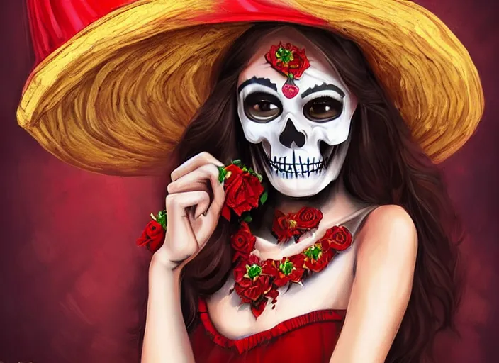 Prompt: cute & beautiful smiling mexican undead skeleton girl wearing a sombrero and a wide red dress, digital art, fantasy, painting, pin up, highly detailed, art by artgerm