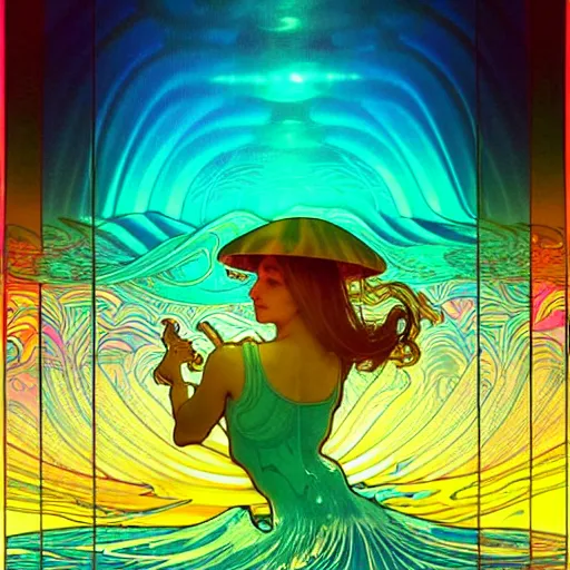 Prompt: ocean wave around psychedelic mushroom, dmt water, lsd ripples, backlit, sunset, refracted lighting, art by collier, albert aublet, krenz cushart, artem demura, alphonse mucha