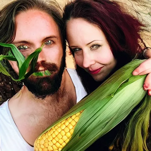 Image similar to photo of an attractive couple. The woman has long straight red hair. The man has a dark thick beard and tattoos. They are holding a giant corn. The corn has the face of a baby human.