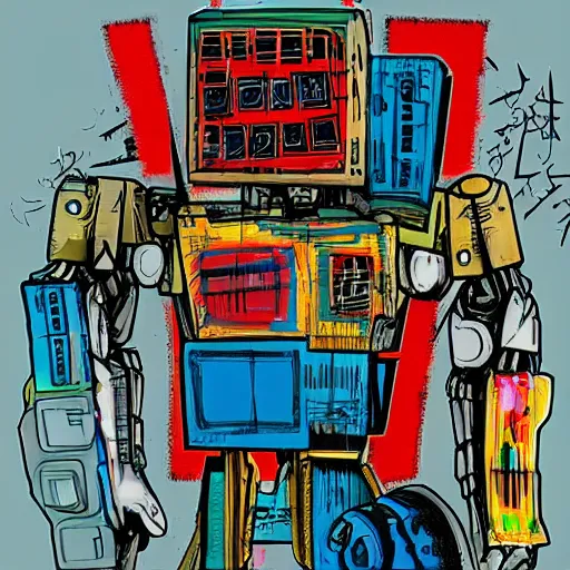 Image similar to realistic combat mecha in the style of jean - michel basquiat, beeple, junji ito, metal shaded