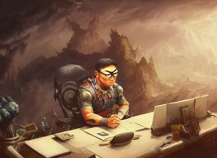 Image similar to an insanely detailed painting of an asian man wearing a homemade superhero costume, sitting at a desk, staring seriously at the computer and typing, in the style of peter mohrbacher, james jean, artgerm, dramatic lighting and composition, surreal background, octane render, pixar, trending on artstation, concept art, comic book, view from behind, 8 k