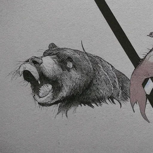 Image similar to a fish having a sword fight with a bear