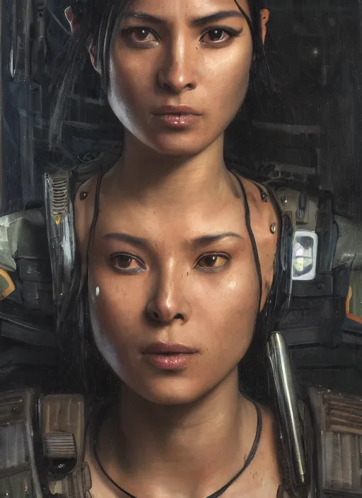 Image similar to Ada. beautiful cyberpunk Samurai woman wearing a military vest and military jumpsuit (cyberpunk 2077, bladerunner 2049). gorgeous african face. Iranian orientalist portrait by john william waterhouse and Edwin Longsden Long and Theodore Ralli and Nasreddine Dinet, oil on canvas. Cinematic, hyper realism, realistic proportions, dramatic lighting, high detail 4k