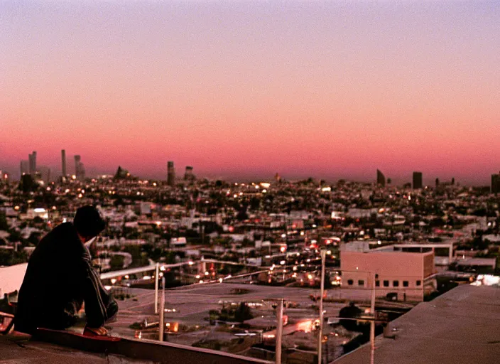 Prompt: film photograph, leica s, kodachrome, rooftop, los angeles, echo park, lake, landscape, blood moon, dusk, man smoking cigarette