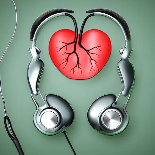 Prompt: human anatomical heart of a 14yo boy listening to music on clean shiny silver headphones, hyper realistic, background green cotton surgical sheet