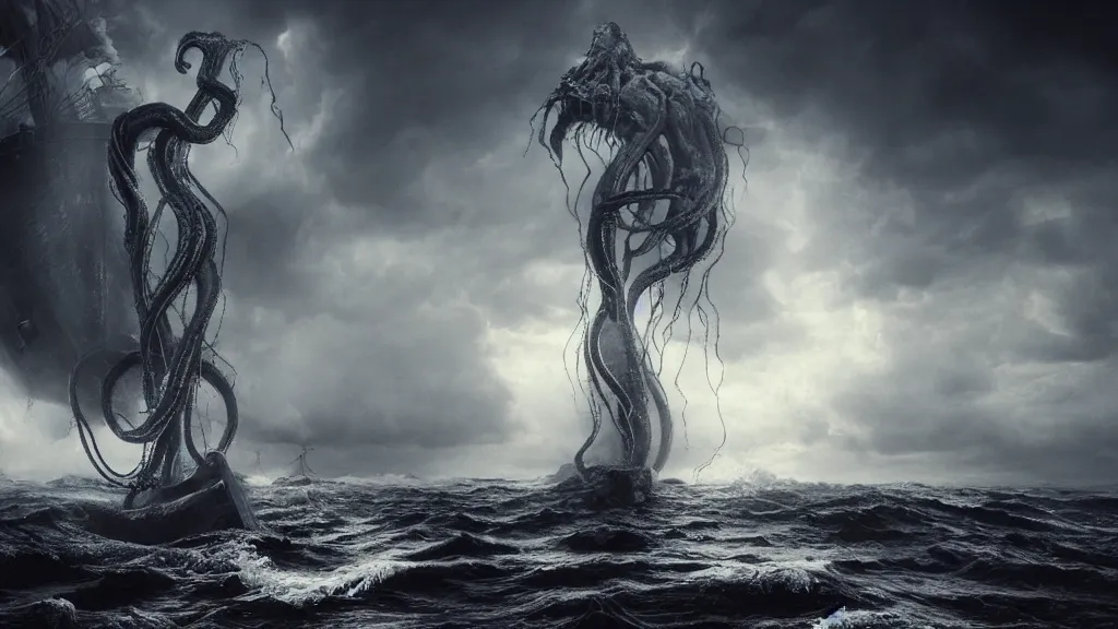 Prompt: giant Lovecraftian creature with large tentacles rising up from the ocean towering over a schooner, storm is raging, horror, creepy, unsettling, dark, mysterious, strange, photo realistic, stunning atmosphere, cinematic lighting, 4K, render