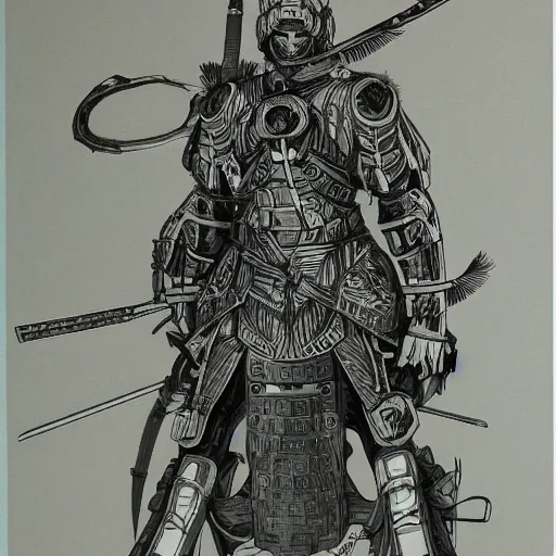 Prompt: japanese futuristic warrior with many scars, high detail, hyperdetailed, hard ink, no pencils, full body drawing