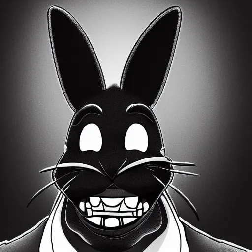 Image similar to A extremely highly detailed majestic hi-res beautiful, highly detailed head and shoulders portrait of a scary terrifying, horrifying, creepy black cartoon rabbit evil laughing standing up wearing pants and a shirt in the style of Walt Disney