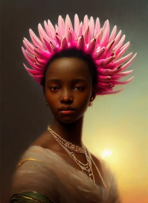 Image similar to stunning african princess, detailed pink and white protea head peace against a black backdrop by ivan aivazovsky, wlop, oil painting, beautiful soft lighting, muted colours, artstation