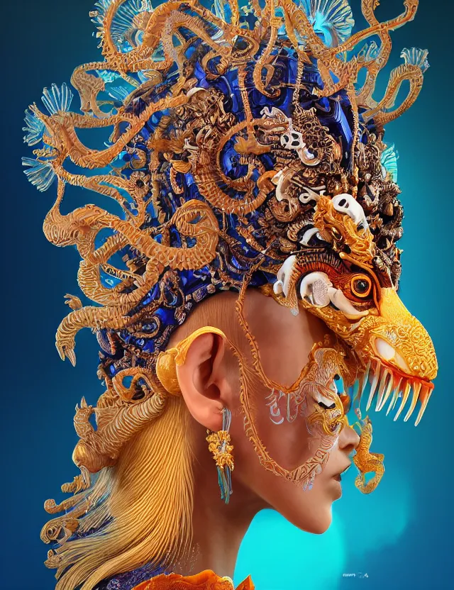 Image similar to 3 d goddess close - up profile portrait with crown, ram skull. beautiful intricately detailed tribal japanese crow kitsune mask and clasical japanese kimono. betta fish, jellyfish phoenix, bio luminescent, plasma, ice, water, wind, creature, artwork by tooth wu and wlop and beeple and greg rutkowski