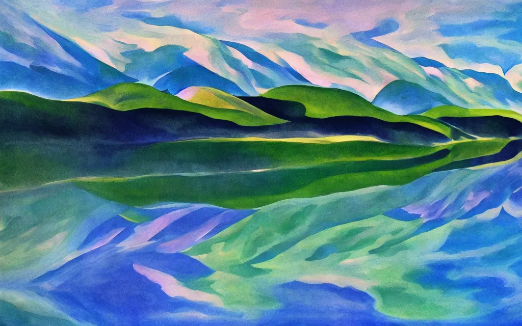 Image similar to the alps and reflection in a lake in the style of georgia o keeffe. colorful, wavy. painting.