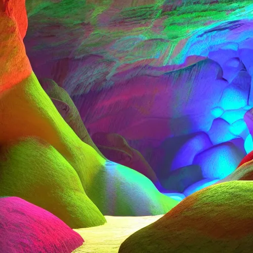 Image similar to rainbow colored caves lead to a rainforest, highly detailed digital art, artstation, cfg = 1 2