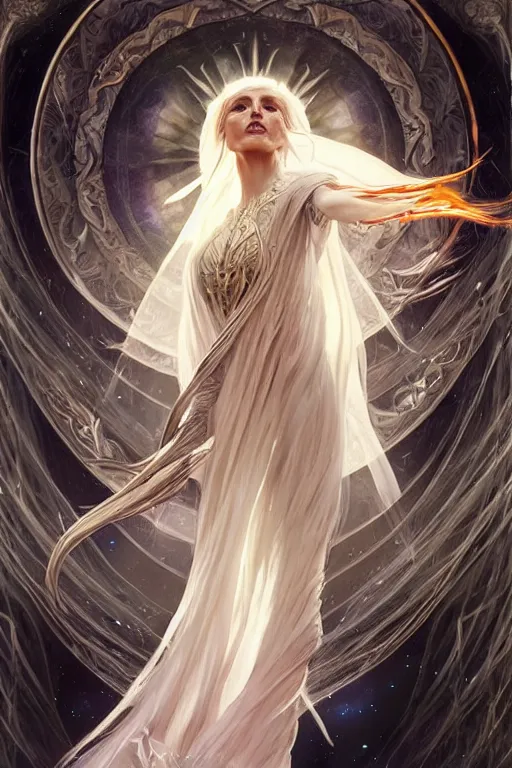 Image similar to white witch crafting magic spells, side view, crafting spells, bright witch, flying, fantasy, chaos, magic, dark magic, dramatic lighting, intricate, wild, highly detailed, digital painting, artstation, concept art, smooth, sharp focus, illustration, art by artgerm and greg rutkowski and alphonse mucha, footage from space camera