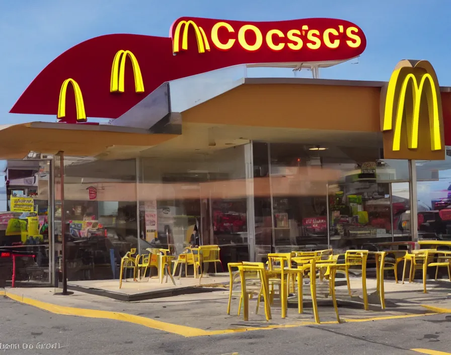 Prompt: UFOs attacking a McDonalds restaurant 1982, photo real, daylight, vivid colors, Eastman EXR 50D 5245/7245