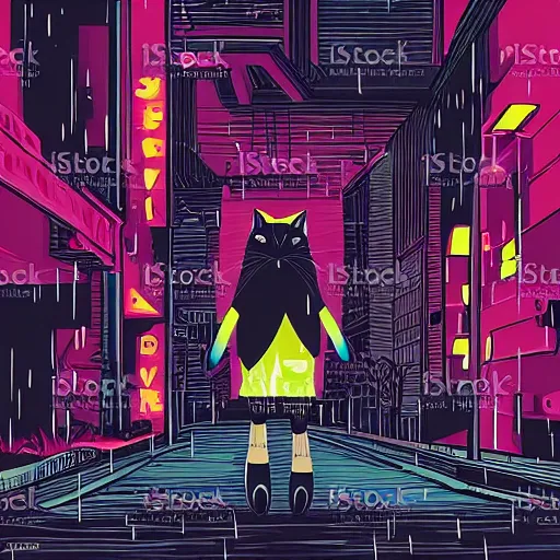 Image similar to Black cat wandering down a rain city street, cyberpunk theme, vector art style, high contrast, high detail, colorful image