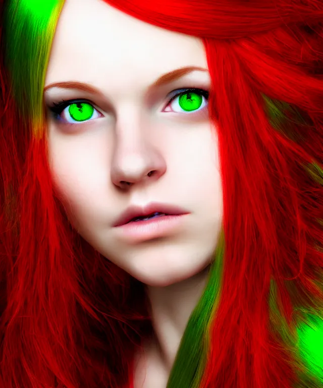 Image similar to Fae teenage girl, portrait, face, long red hair, green highlights, fantasy