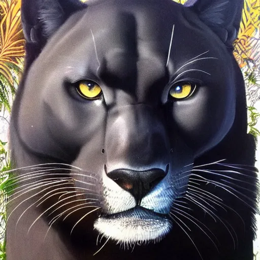 Prompt: oil on canvas of one beautiful majestic black panther. beautiful. mysterious. intricately detailed. meticulously rendered. background is a jungle. hd. trending on art station. h 7 6 8