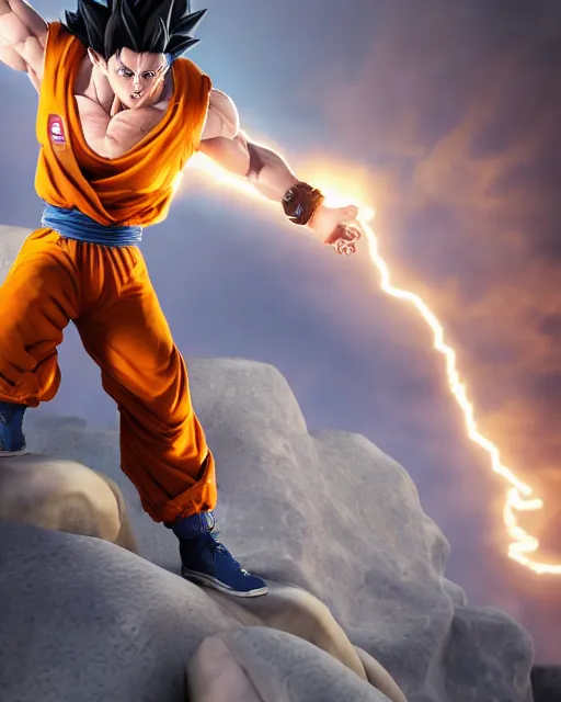 Image similar to 3 d high octane render, 8 k hyperrealism, unreal engine, photorealistic goku, portrait, dynamic lighting, photorealistic, unreal engine, octane, ultra detailed, detailed faces, hd quality, life like, high render, hd resolution