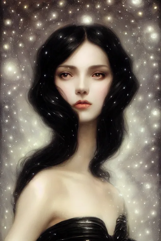 Image similar to Nocturne, glowing, stars, a long-legged elegant young princess, long black hair, pearl amulet, highly detailed, mysterious, ethereal, dressed in black velvet, haute couture, illustration, dramatic lighting, soft details, painting, by Edmund Blair Leighton, Brom, Charlie Bowater, trending on artstation, faces by otto schmidt