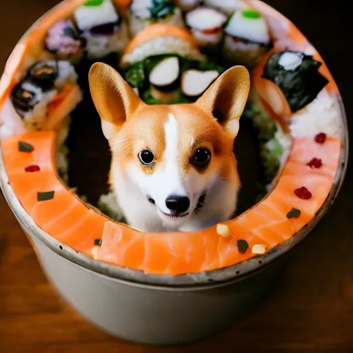 Prompt: a cute corgie lives in a house made of sushi. Photography.