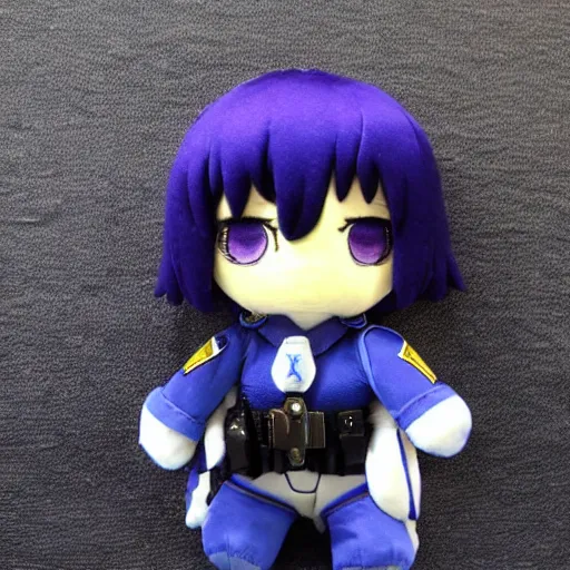 Prompt: cute motoko kusanagi plushie, dressed as police officer