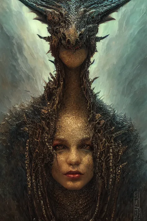 Prompt: very complex hyper-maximalist overdetailed cinematic darkfantasy portrait of a beautiful dragon by andrei riabovitchev, tomasz alen kopera, oleksandra shchaslyva. Omnious intricate, octane, Deviantart, hyper detailed illustration, 8k