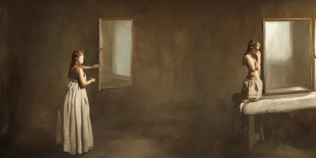 Image similar to painting of a girl looking at a mirror in an abandoned cabin, the mirror reflects thousands of nightmares. by theodore gericault, realistic oil painting, 4 k, studio lightning, award winning