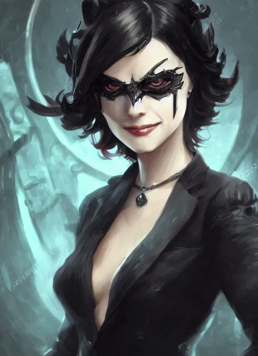 Image similar to a highly detailed illustration of beautiful short black messy haired woman wearing pirate eyepatch and noir style suit and tie, dramatic smiling pose, intricate, elegant, highly detailed, centered, digital painting, artstation, concept art, smooth, sharp focus, league of legends concept art, WLOP