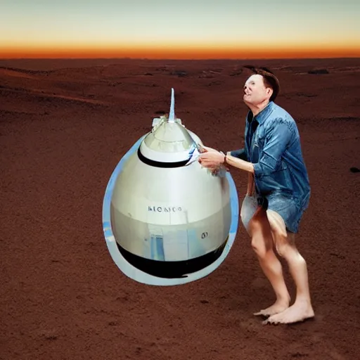 Prompt: elon musk clipping his toenails in the desert, fighting a satellite, creepy, 50mm