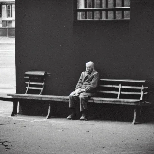 Image similar to Lonely man sitting on bench photographed by Andre Kertesz kodak 5247 stock, color photograph