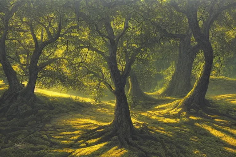 Image similar to masterpiece painting of oak trees on a hillside overlooking a creek, dramatic lighting, by andrew ferez