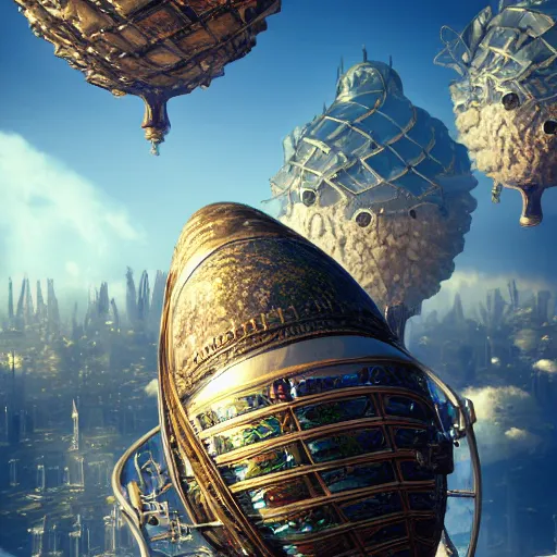 Image similar to enormous flying city in a faberge egg, sky, steampunk, fantasy art, masterpiece, unreal engine