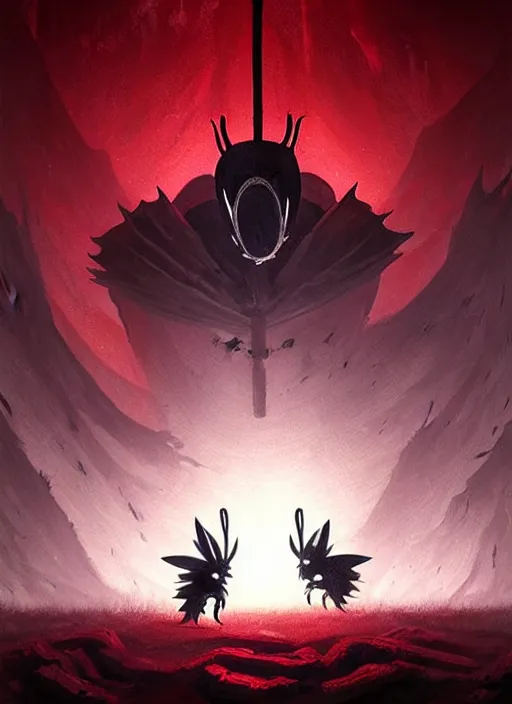 Prompt: horror art, hollow knight in the middle holding a sword, red peaks in the background, art by greg rutkowski