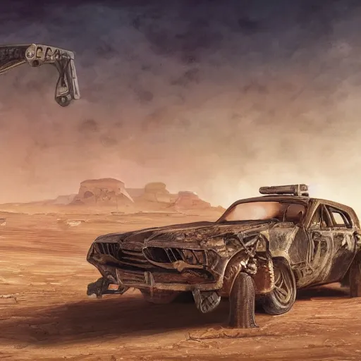 Image similar to painting of a sand landscape, futuristic, mad max style, wreckage of giant, buried, humanoid robots, oasis, 4 k, desolation