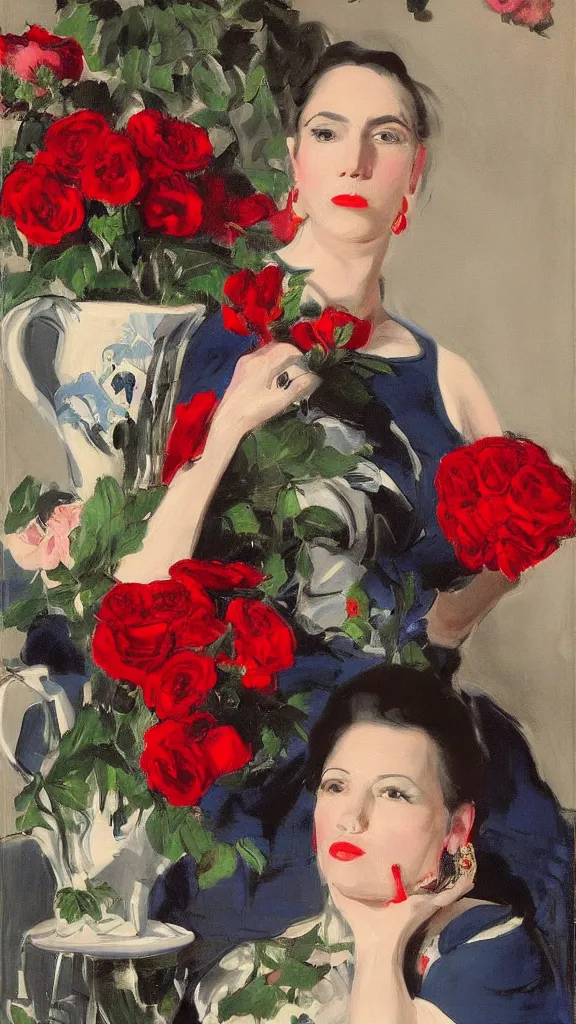 Image similar to portrait of rebekah delrio in david lynch pattern dress beside of a big persian detailed pot of red roses, blue and red lights painted by john singer sargent