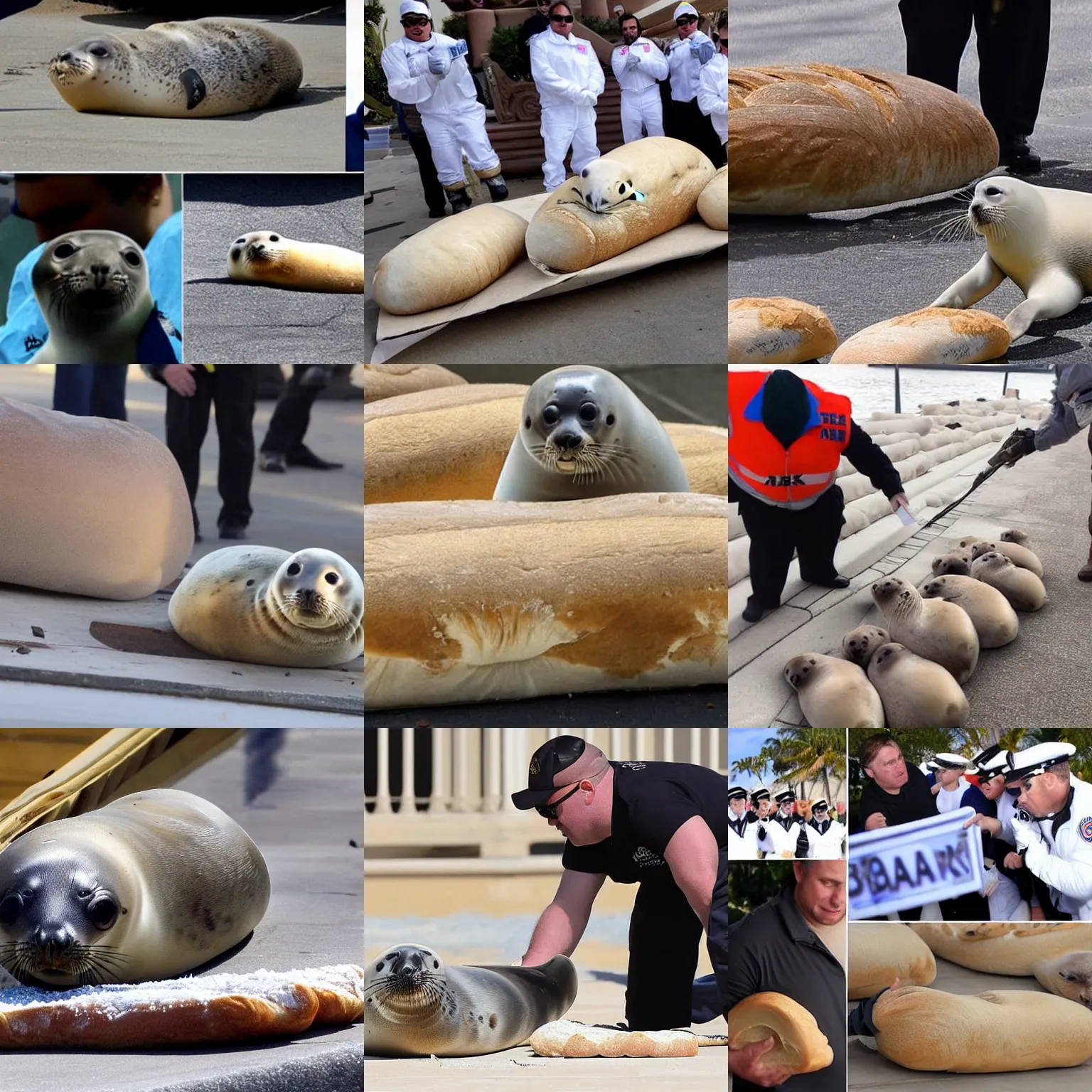 Prompt: baby seal disguised as a loaf of bread raids mar - a - lago with a team of baby seals and seizes nuclear documents!! with explosions!!!! in the background, high quality camera footage from a rooftop