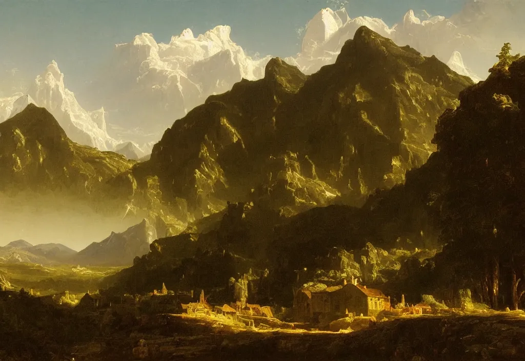 Image similar to painting of a rural town with mountains in the background, thomas cole