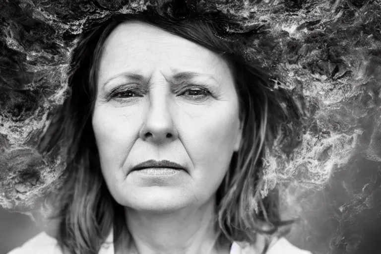 Image similar to a cinematic headshot portrait of a middle aged woman stood in a fire filled field, ultra realistic, depth, beautiful lighting