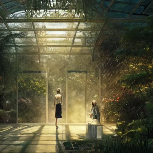 Prompt: two women standing in an elegant greenhouse garden, dramatic lighting, illustration by greg rutkowski, yoji shinkawa, 4 k, digital art, concept art, trending on artstation