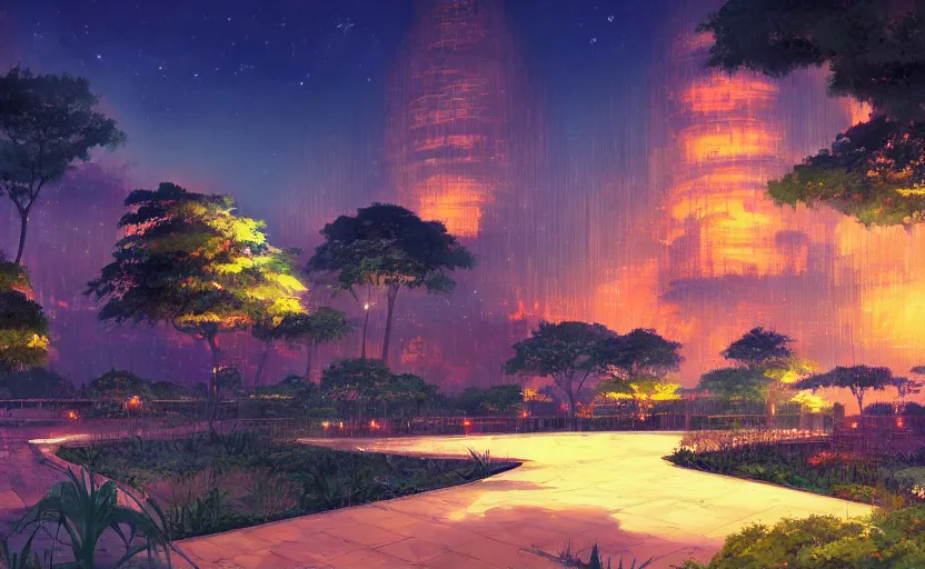 Prompt: beautiful landscape artwork of the gardens of babylon at night, ambient lights, masterpiece by Makoto Shinkai