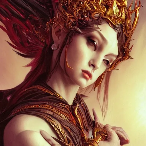 Prompt: portrait of a destruction goddess, intricate chaos, evil, elegant, highly detailed, death, digital painting, satan, artstation, lucifer, concept art, smooth, sharp focus, illustration, art by artgerm and greg rutkowski and nekro borja and mucha and william - adolphe bouguereau