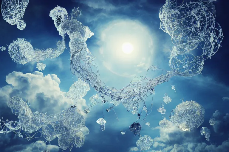 Prompt: simplicity, a huge flock of many ornate translucent puffy filigreed clouds tangled into large whirling ultra detailed crystal specimens, mission arts environment, playful, award winning art, epic dreamlike fantasy landscape, ultra realistic,