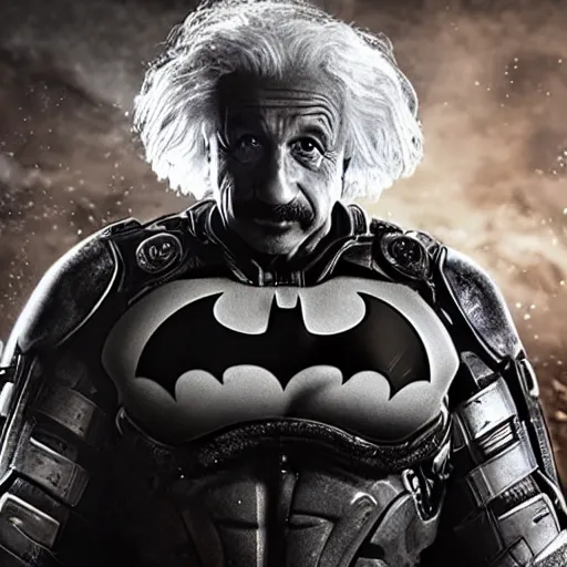 Image similar to 'Albert Einstein'! as Batman in Gears of War, splash art, movie still, detailed face, cinematic lighting, dramatic, octane render, long lens, shallow depth of field, bokeh, anamorphic lens flare, 8k, hyper detailed, 35mm film grain