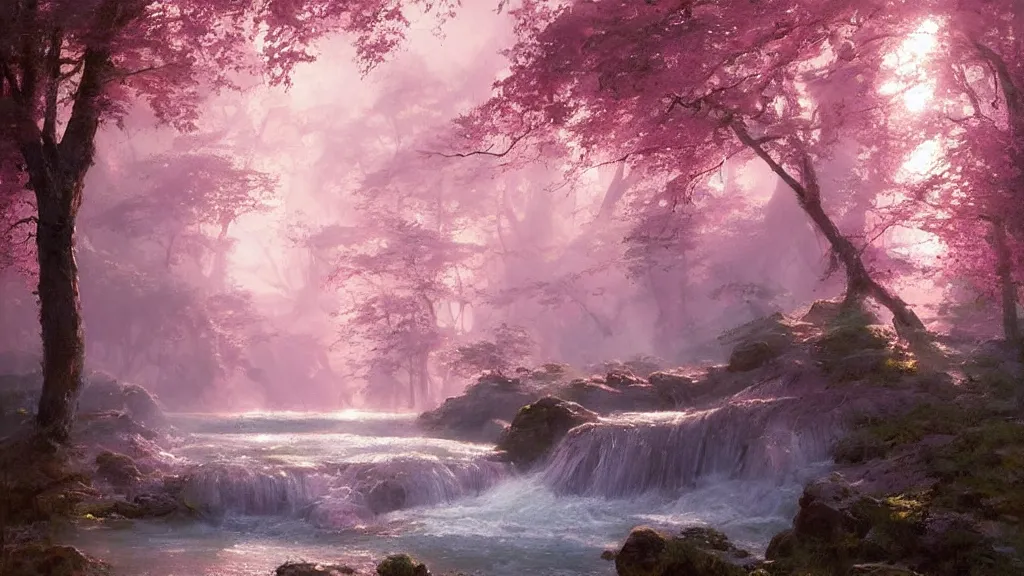 Image similar to the most beautiful abstract painting, where a giant dreamy waterfall creates a river, the trees around are starting to bloom in pink color, a ray light of the sunset is brightening the subject, by greg rutkowski